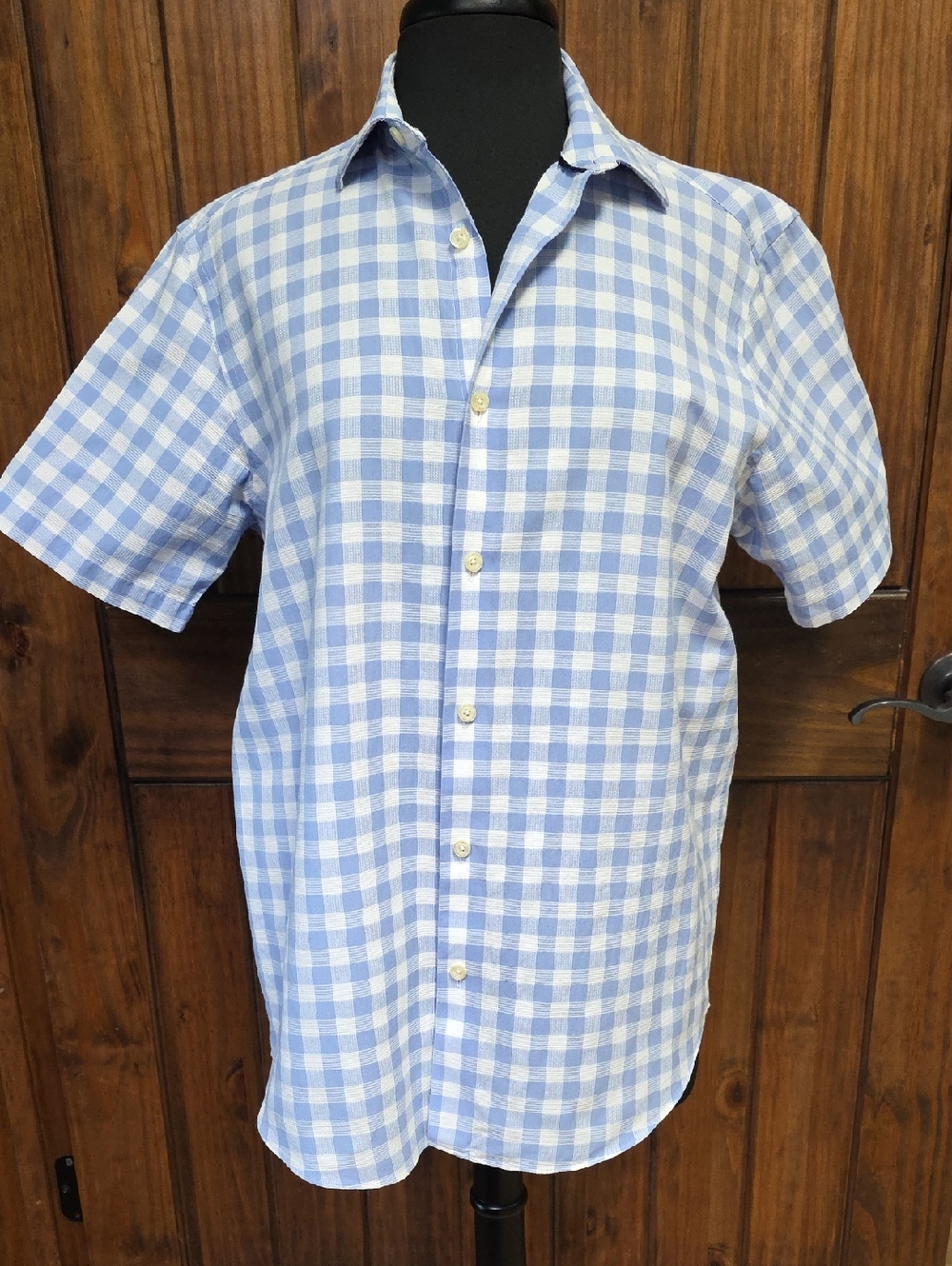 Hart Schaffner Marx Light Blue and White Check Short-Sleeve Button-Up - Sz M